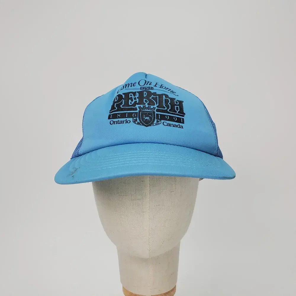 Vintage Perth‎ Ontario 175th Anniversary Trucker Hat Blue Mesh Snapback Cap 1991
